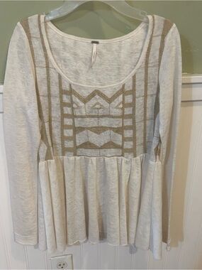 Free People Cream and Tan Embroidered Peplum Tunic